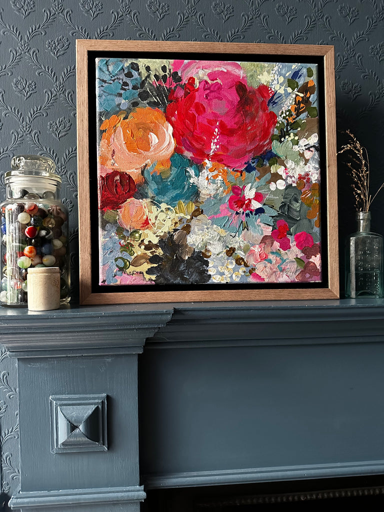 Abstract floral, ‘Flutterings’ tray framed on deep edged canvas 34.5 x 34.5cm