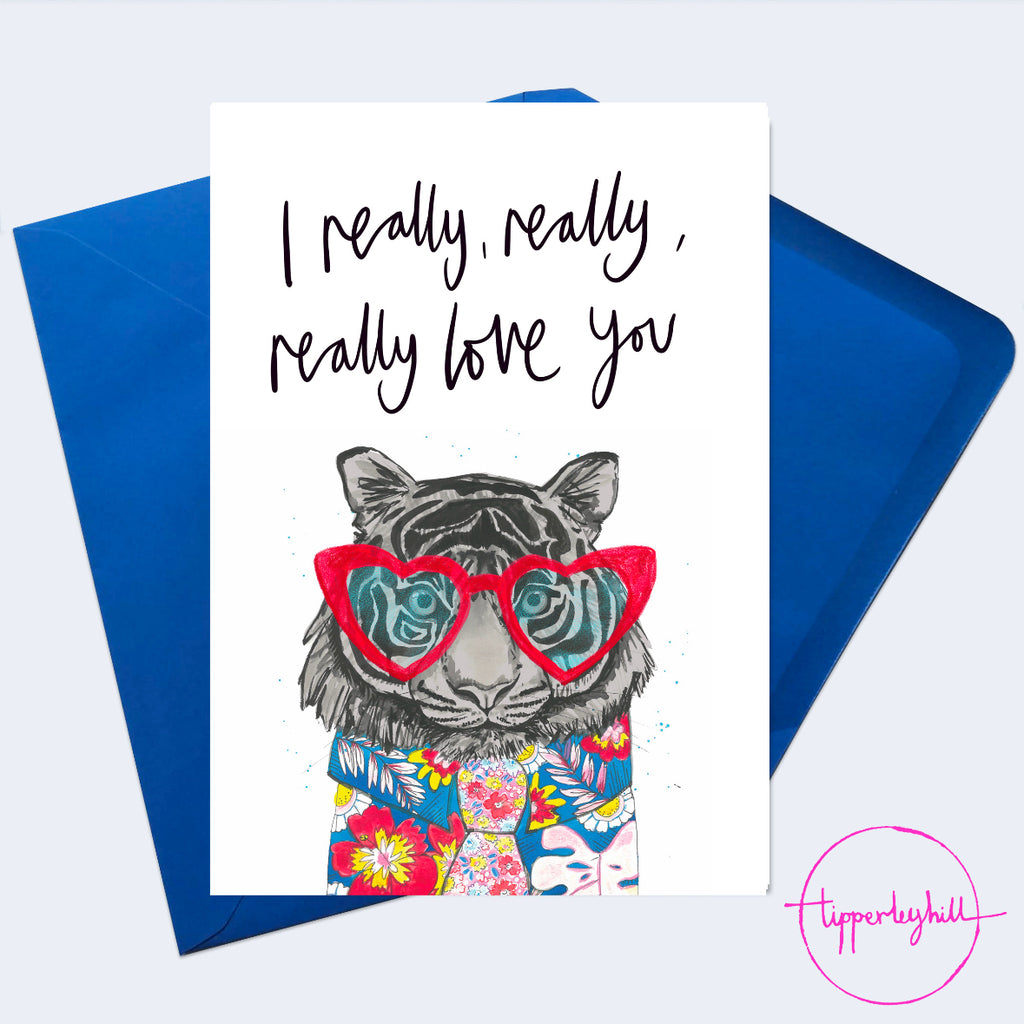 Card, AS139REALLY tiger in glasses, ‘I really, really, really love you’ card