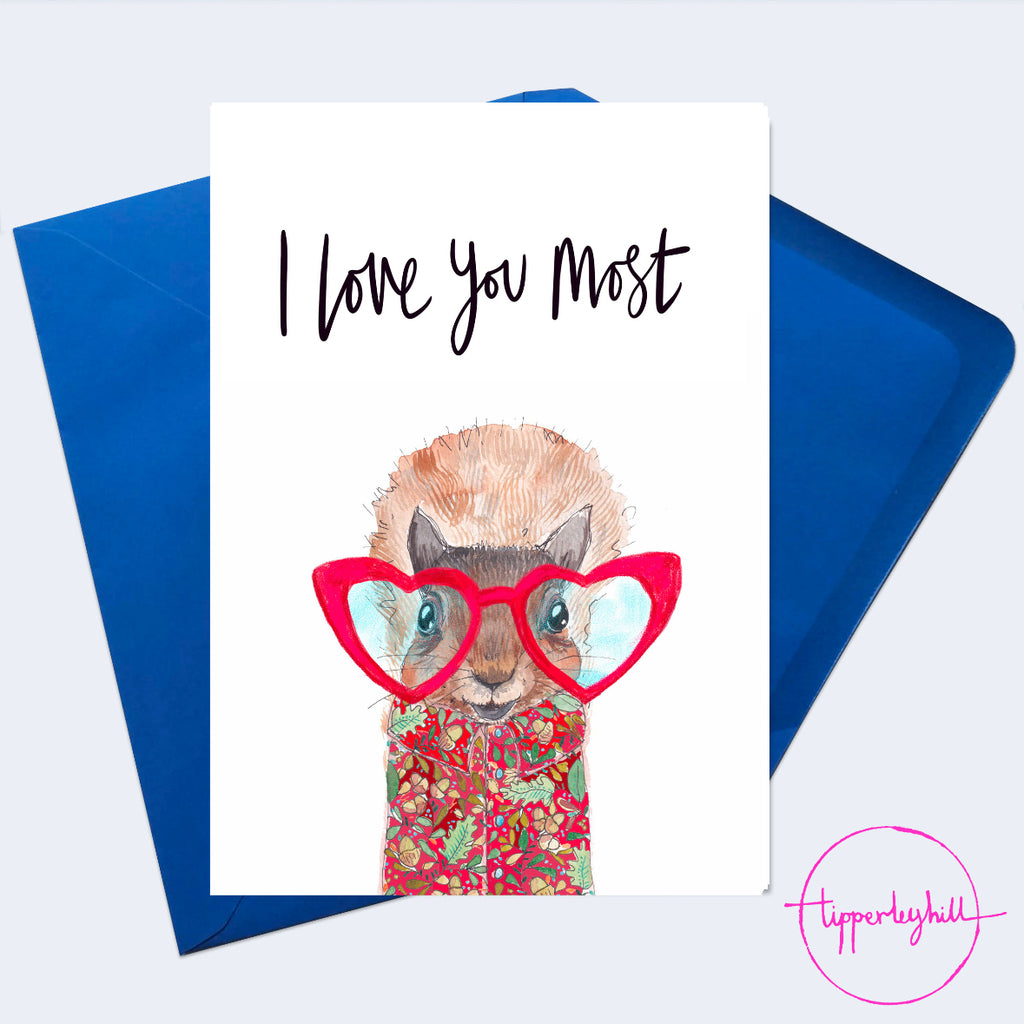Card, AS135LOVEYOU, squirrel with glasses, ‘Love you most’