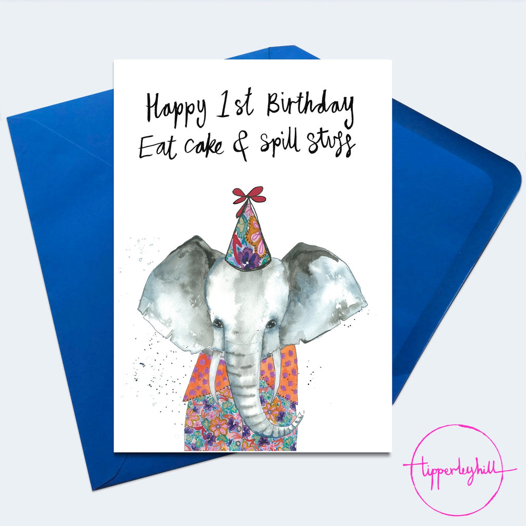 Card, AS27FIRST, Julius the elephant, ‘Happy 1st birthday, eat cake and spill stuff’