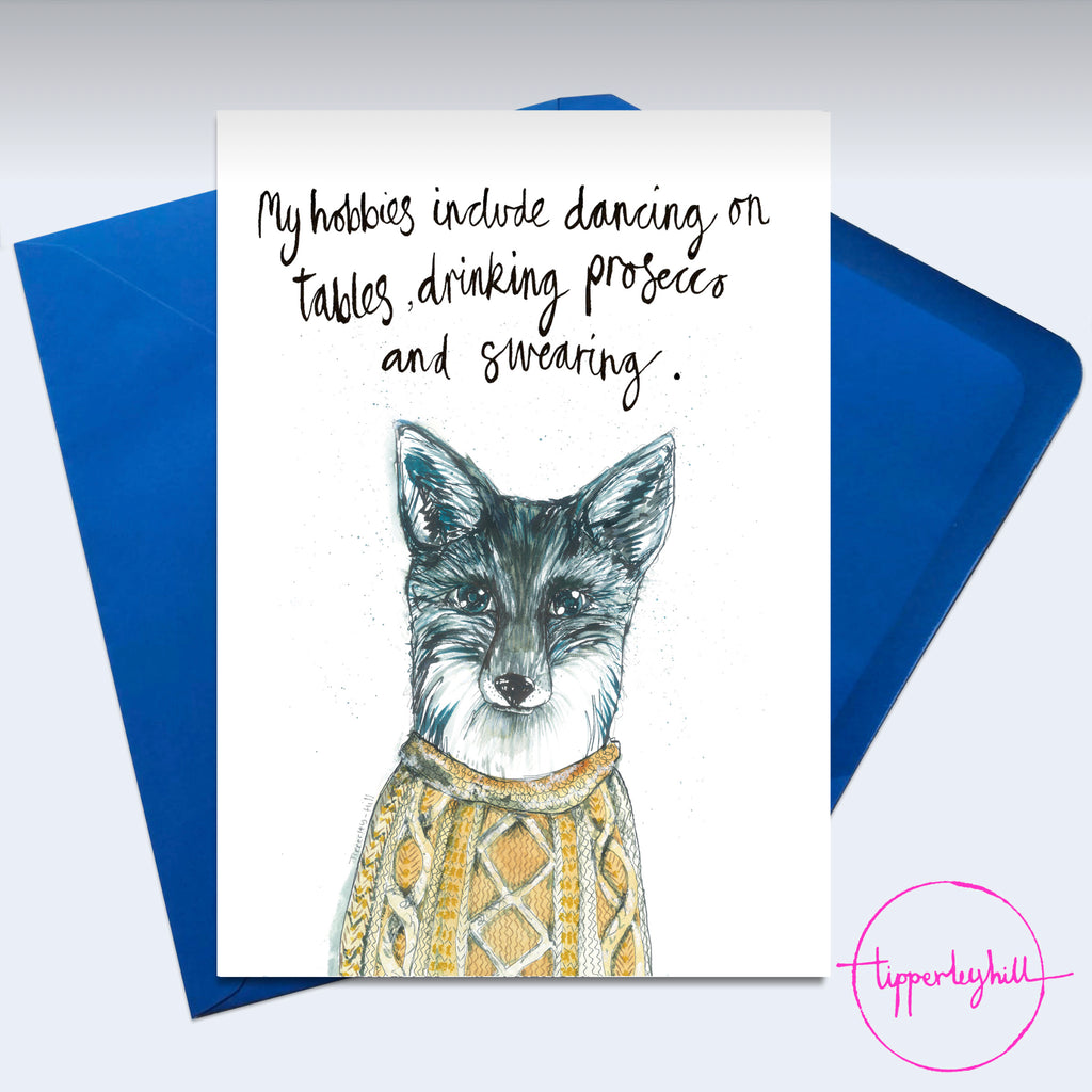 Card, AS16JUDE, Jude the fox, ‘My hobbies include dancing on tables, drinking prosecco and swearing’