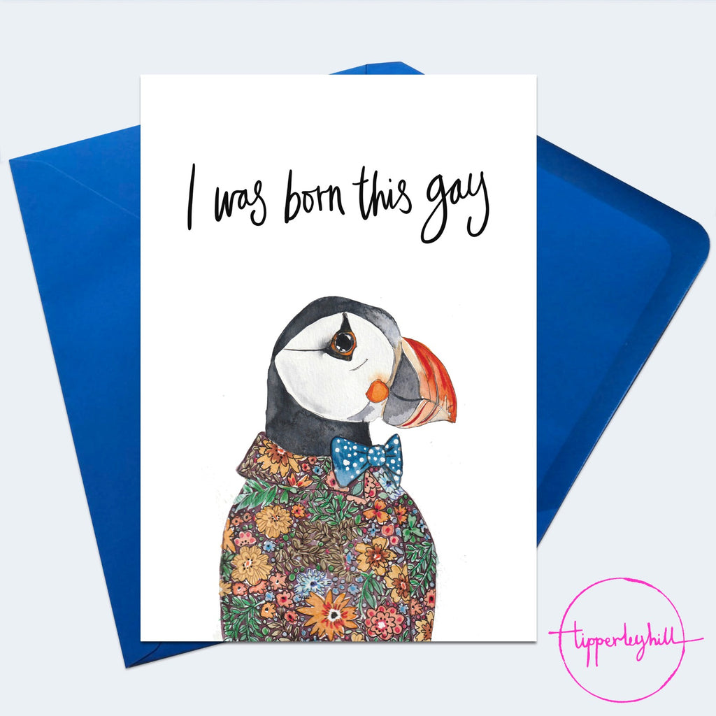 Card, AS97GAY, Grayson puffin, ‘I was born this gay’