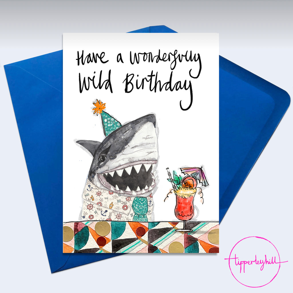 Card, AS57WILD, Tim the shark with cocktails ’Have a wonderfully wild birthday’