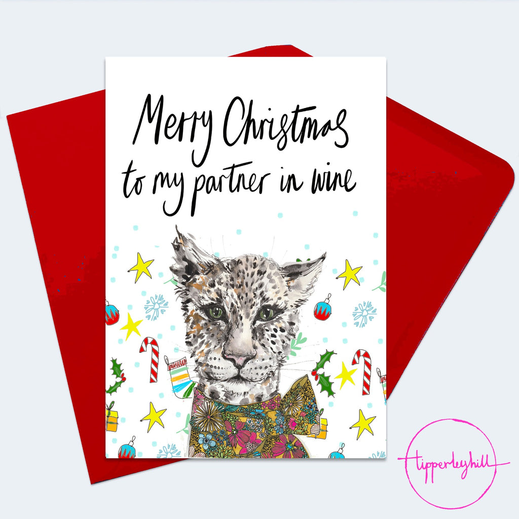 Christmas Card, XMAS23, Nadia the leopard Christmas card, ‘Merry Christmas to my partner in wine’