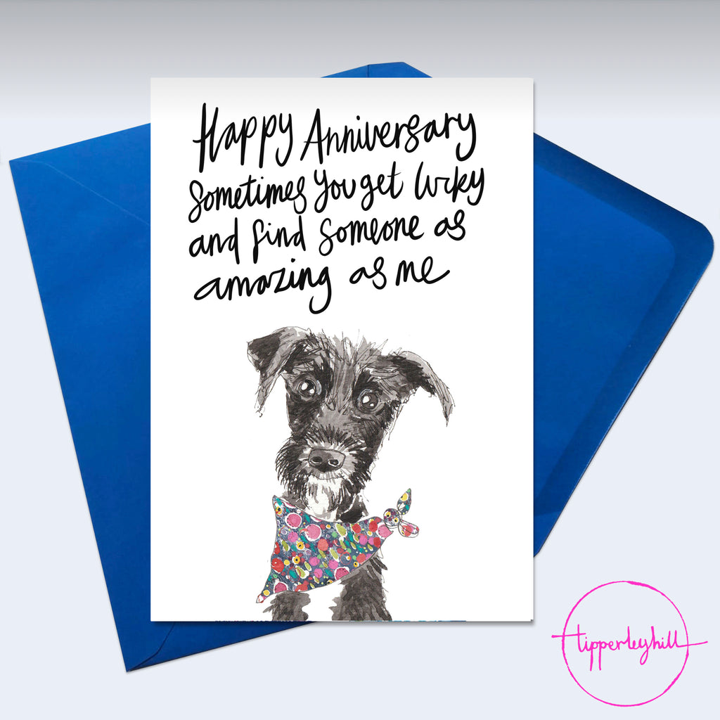 Card, AS90ANNI, scruffy dog, ‘Happy anniversary. Sometimes you get lucky and find someone as amazing as me’