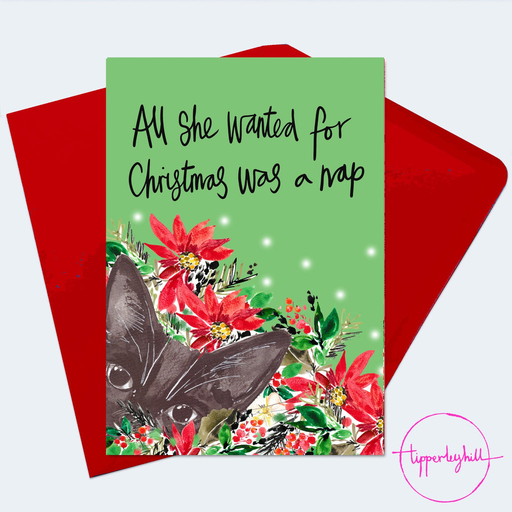 Christmas Card, XMAS11, Black cat Christmas card, ‘All she wanted for Christmas was a nap’