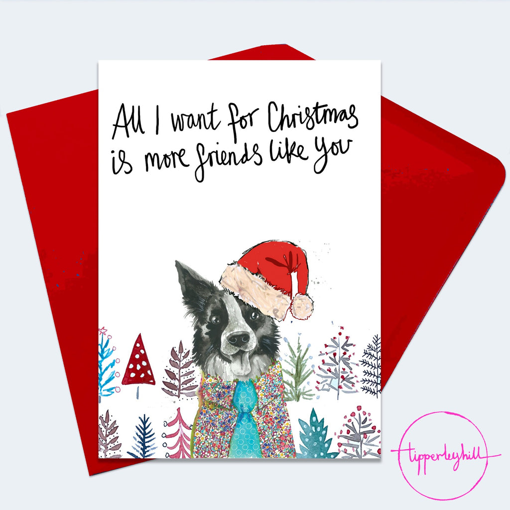 Christmas Card, XMAS03, Collie dog Christmas card, ‘All I want for Christmas is more friends like you’