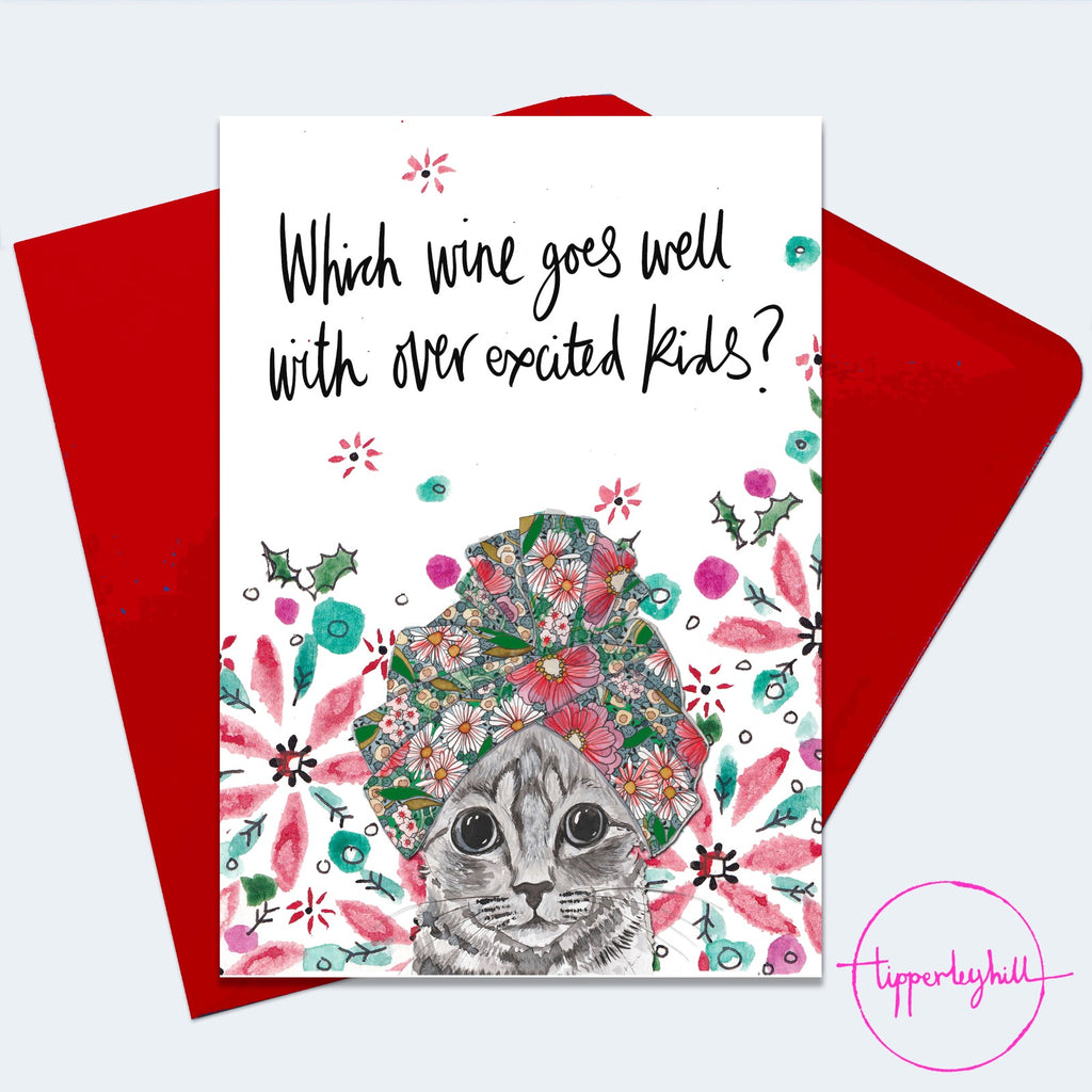 Christmas Card, XMAS13, Cat in turban Christmas card, ‘Which wins goes well with over excited kids’