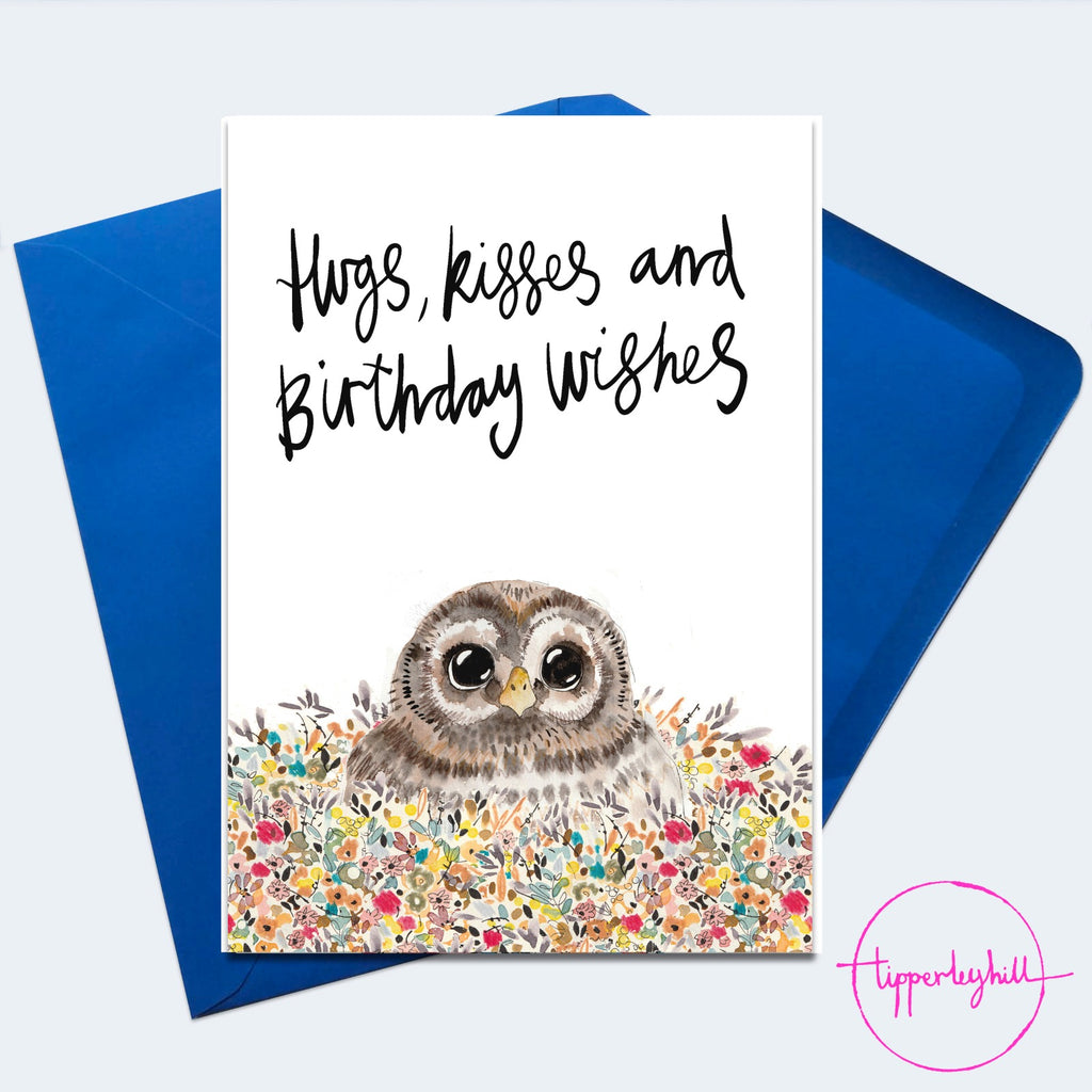 Card, AS78KISSES, owl baby card, ‘Hugs, kisses and birthday wishes’ card