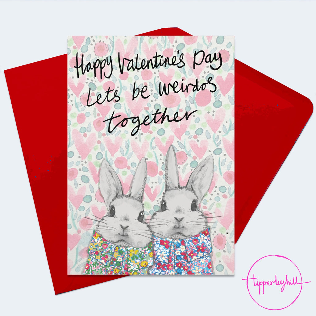 Valentine’s Card, VAL04, 2 bunnies ‘Happy Valentine’s Day Let’s be weirdos together!’ card