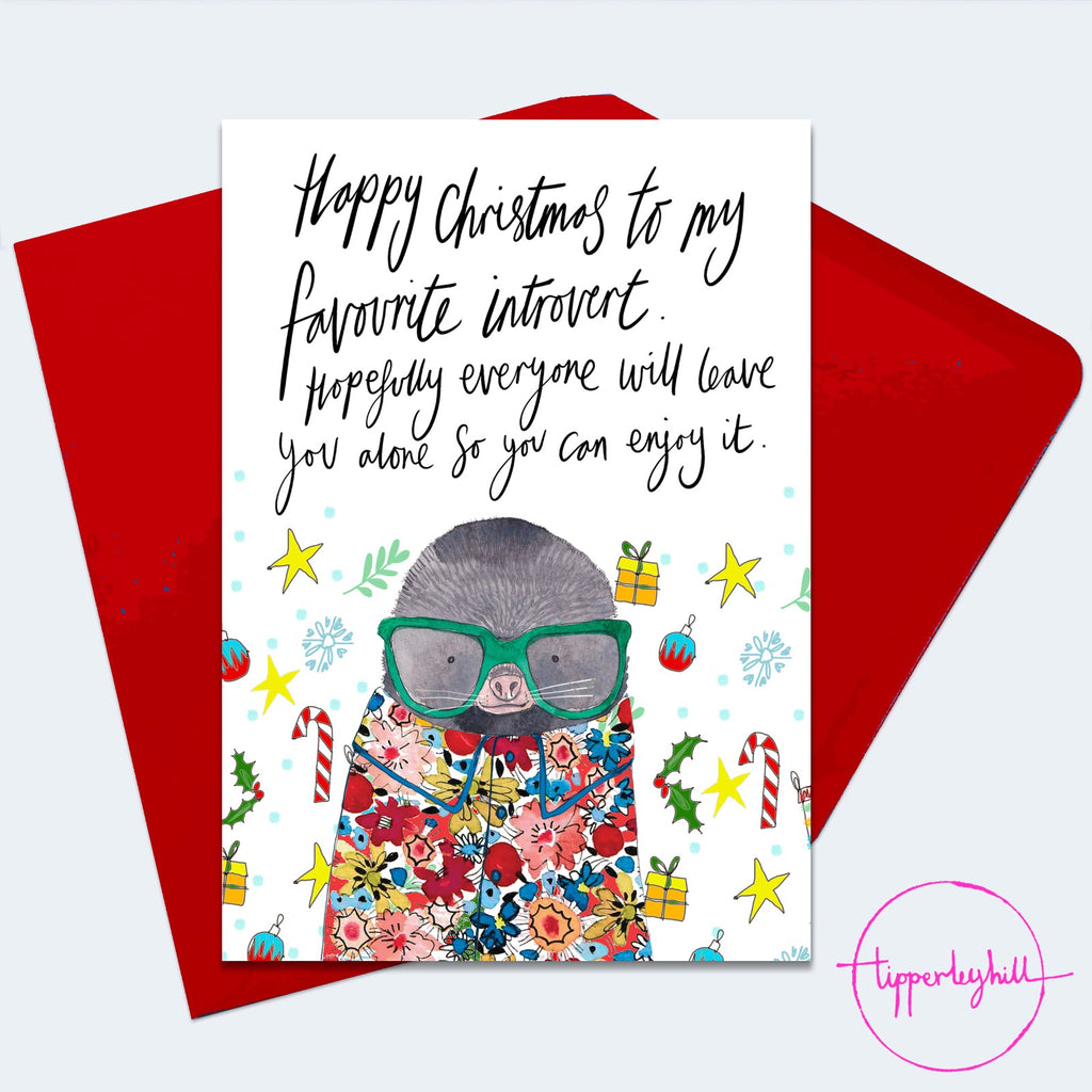 Christmas Card, XMAS22, Mole Christmas card, ‘Happy Christmas to my favourite introvert. Hopefully everyone will leave you alone so that you can enjoy it’