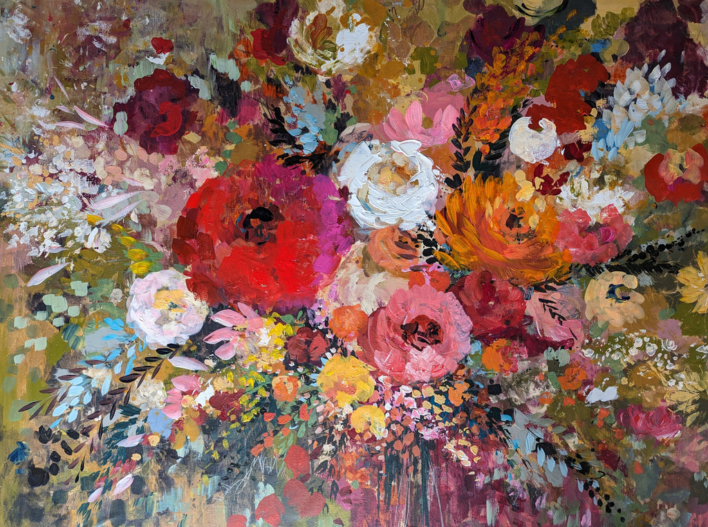 Abstract floral, ‘Clementine bursts’ 102 x 77cm on deep edged canvas