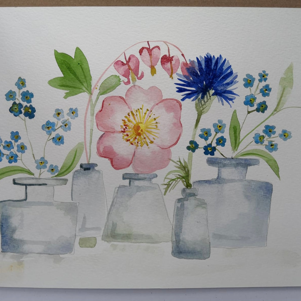 Ready to watch, recorded Watercolour art tutorials series 4, Victorian Favourites, 5 watercolour floral tutorials (dog rose, forget-me-not, cornflower, bleeding hearts and vintage vase composition)