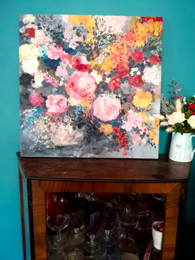 Abstract floral, ‘Berry bloom’ 60 x 60cm on deep edged canvas