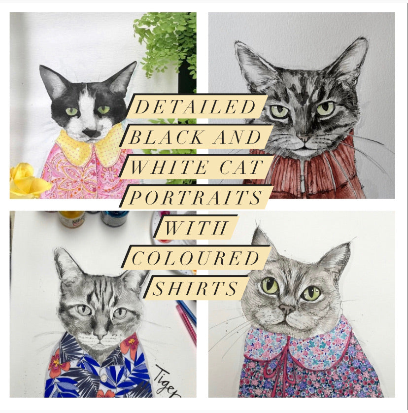 Pet portrait, black and white watercolour cat with coloured shirt