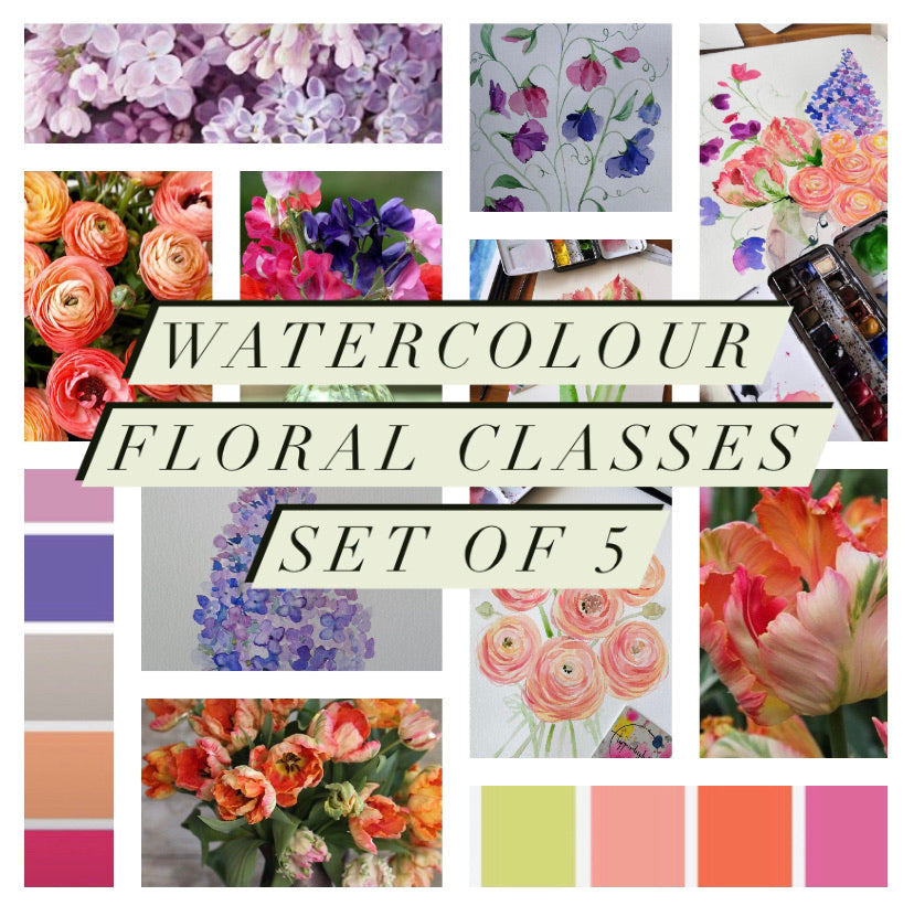 Recorded and ready to watch watercolour art classes (set of 5 ranunculus, tulips, lilac, sweet pea and vase composition)