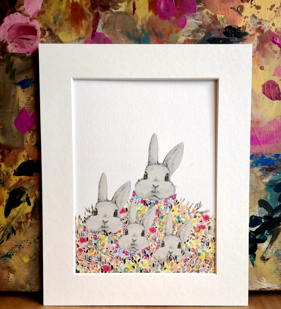 Animal art, 4 bunnies in flowers