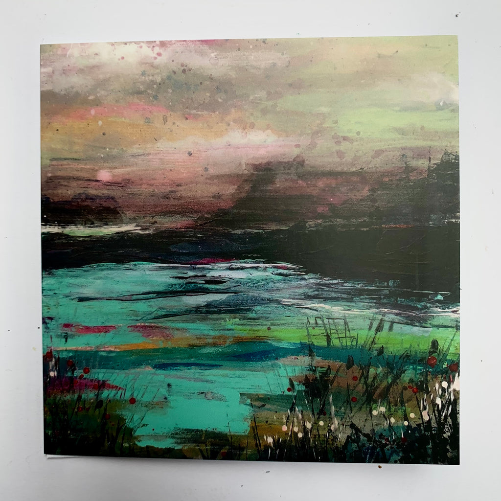 Card, THLS03, Moonlit lake abstract landscape greeting card