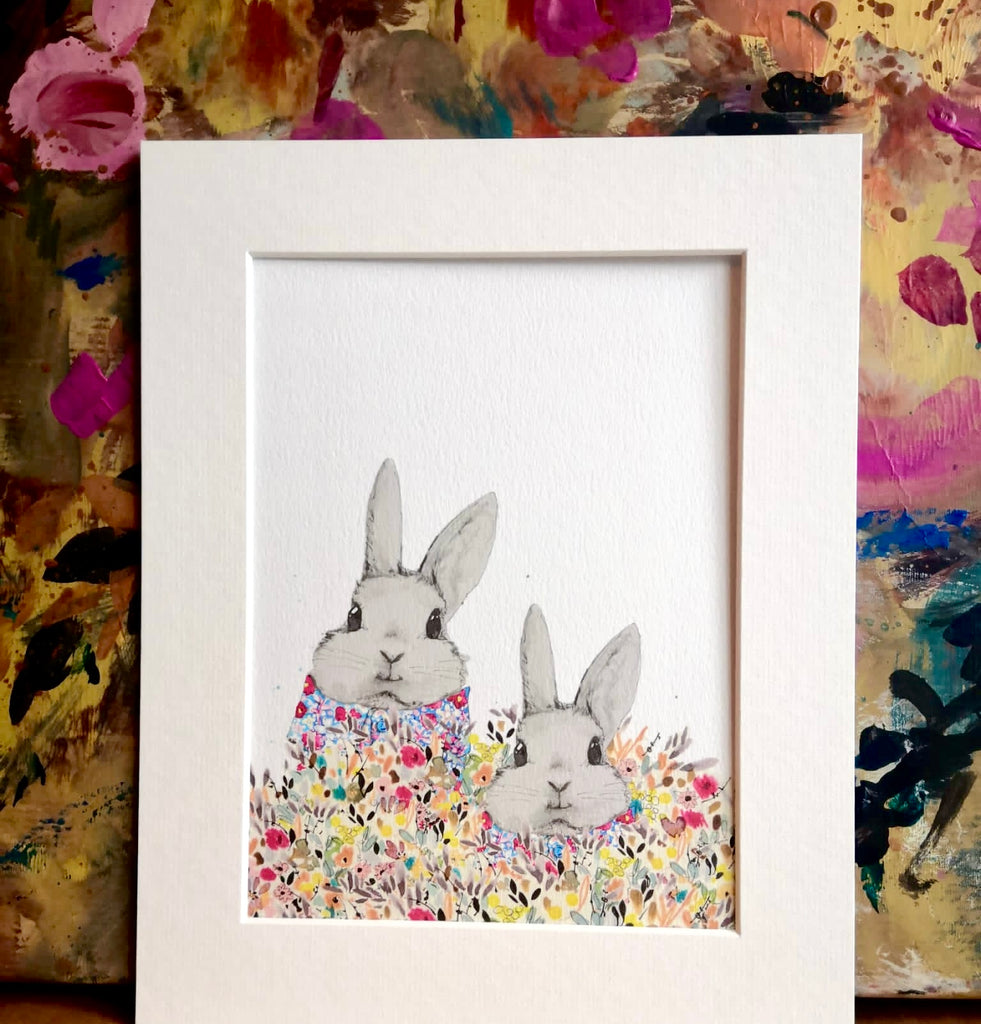 Animal art, 2 bunnies in flowers