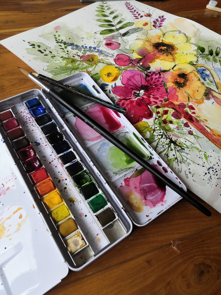 Recorded and ready to watch expressive, watercolour florals (set of 4 Loose floral with washes, Freestyle foliage with caran dache pencil, Pattern on pattern, wet on dry expressive floral and Bright floral composition)