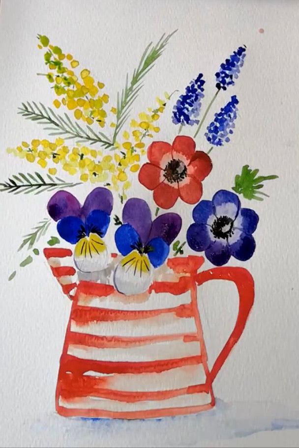 Ready to watch, recorded Spring flowers art tutorials series 2, 5 watercolour floral tutorials (anemones, grape hyacinth, mimosa, pansy and vase composition)