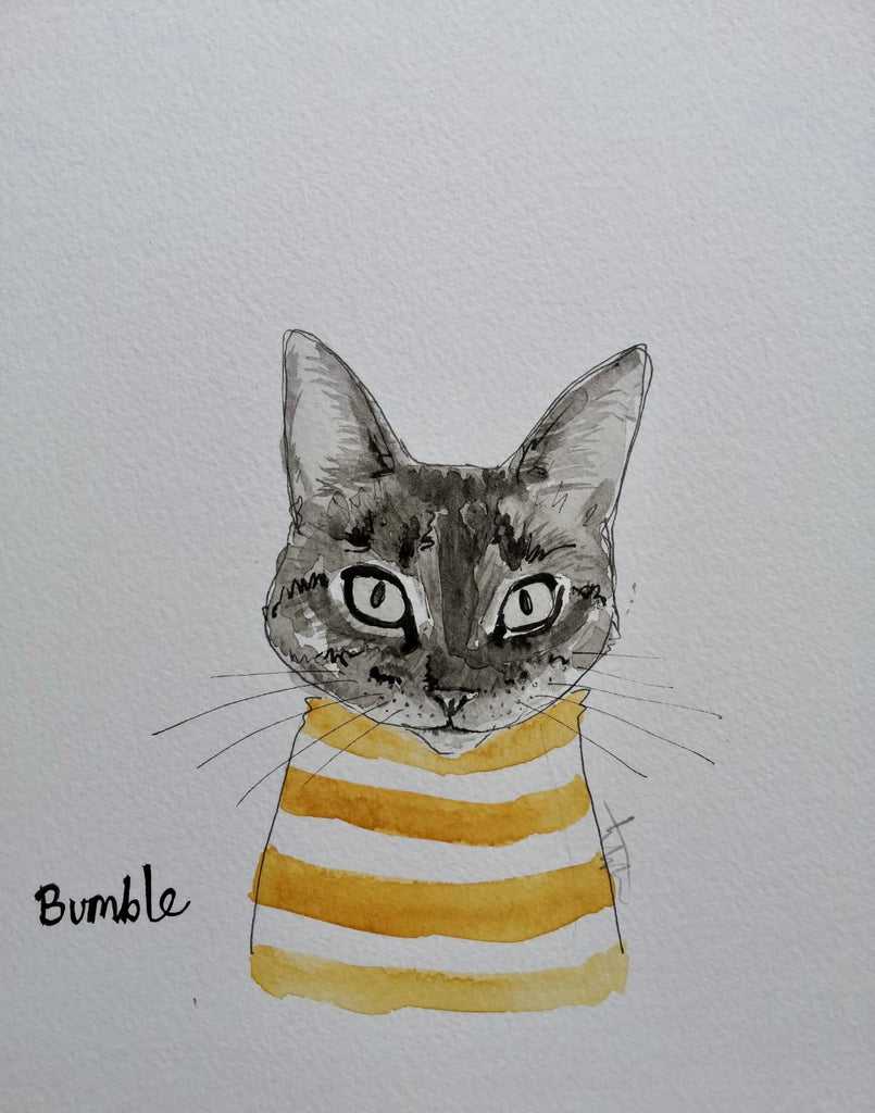 Pet portraits, small black and white, sketchy cat