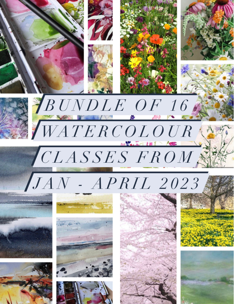 Bundle of 16 watercolour classes (Recorded 4 x expressive florals, recorded 4 wild landscapes, March 4 x foraged flowers and April 4 x Spring landscapes)