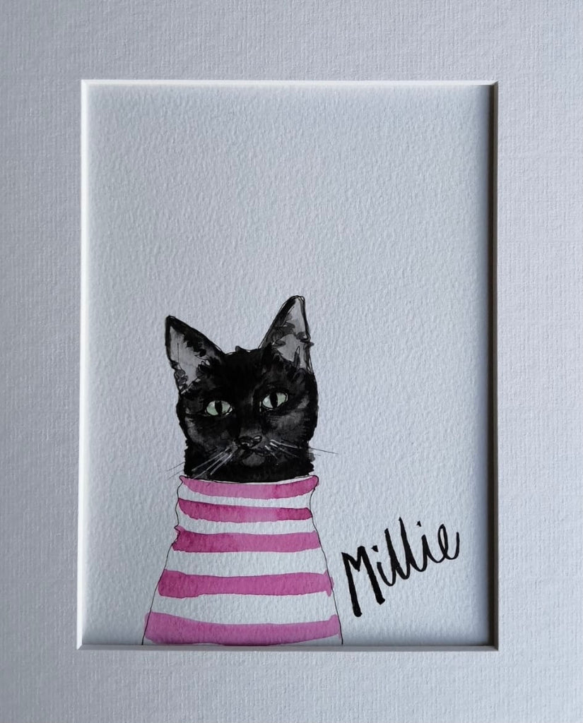 Pet portraits, small black and white, sketchy cat with coloured scarf or tops