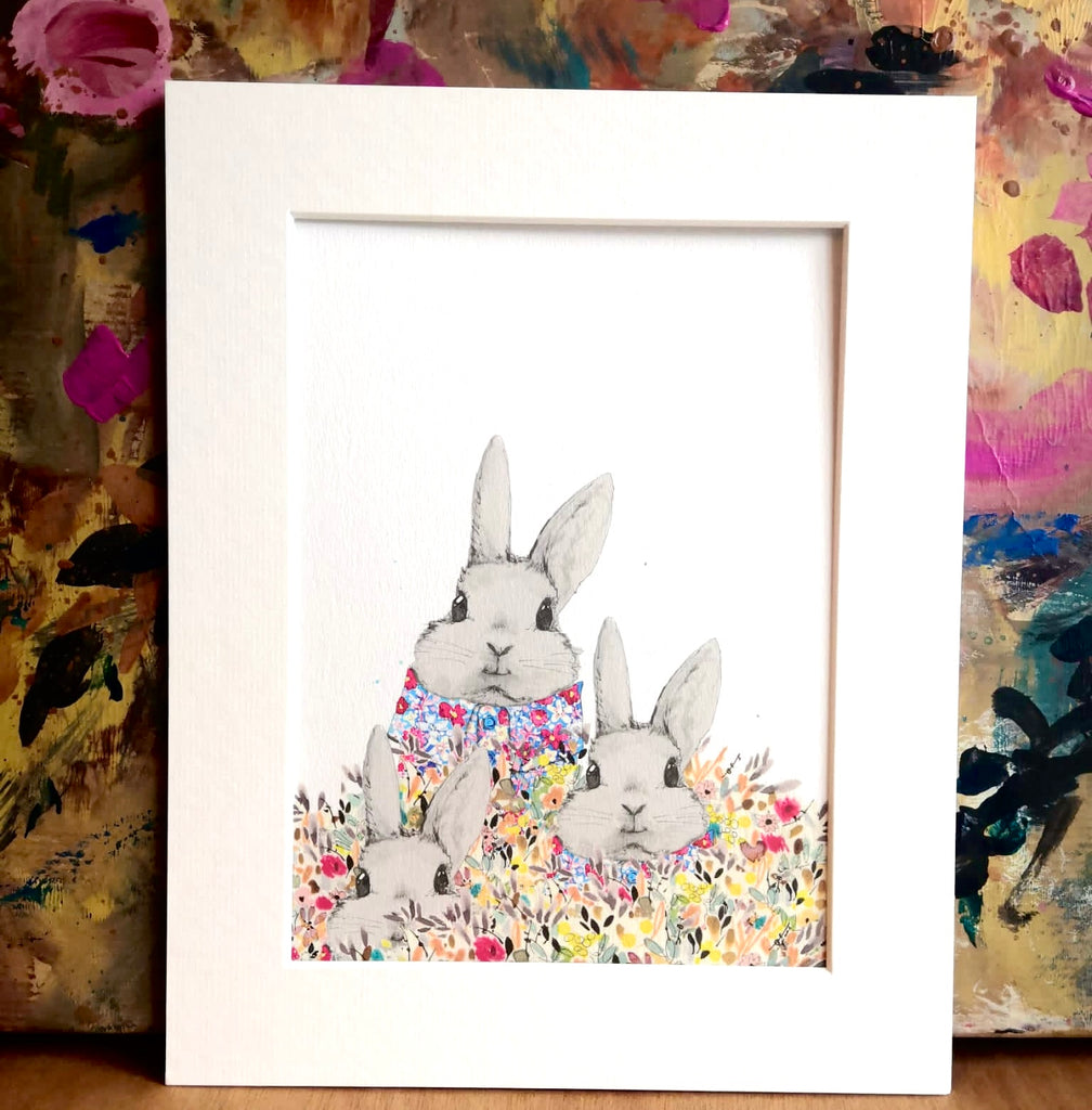Animal art, 3 bunnies in flowers