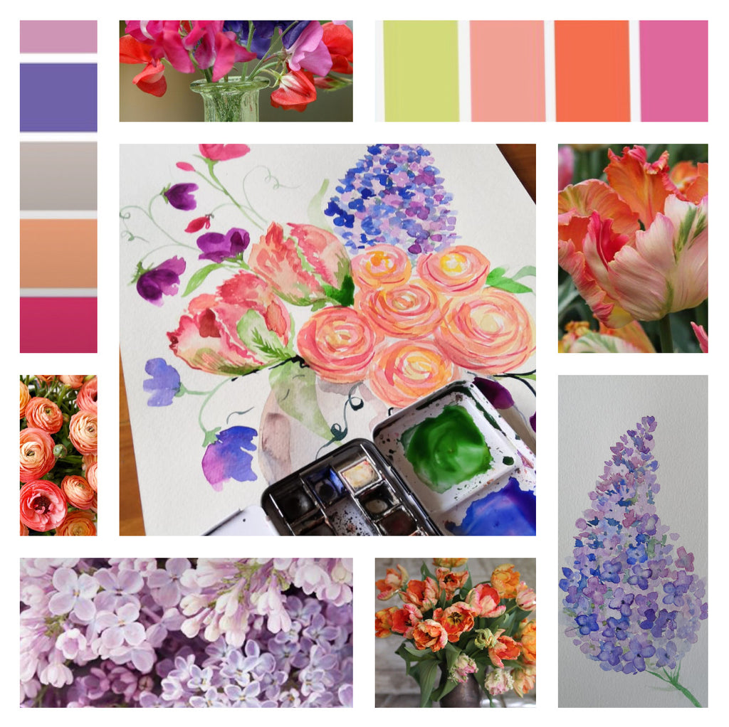 Recorded and ready to watch watercolour art classes (set of 5 ranunculus, tulips, lilac, sweet pea and vase composition)