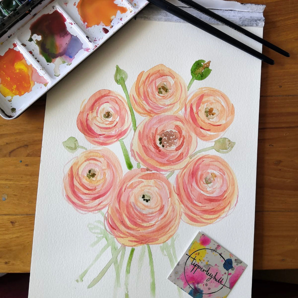 Recorded and ready to watch watercolour art classes (set of 5 ranunculus, tulips, lilac, sweet pea and vase composition)