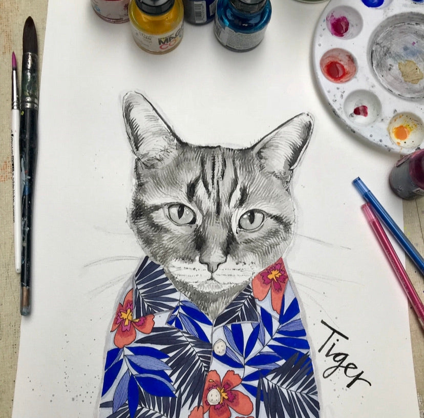 Pet portrait, black and white watercolour cat with coloured shirt