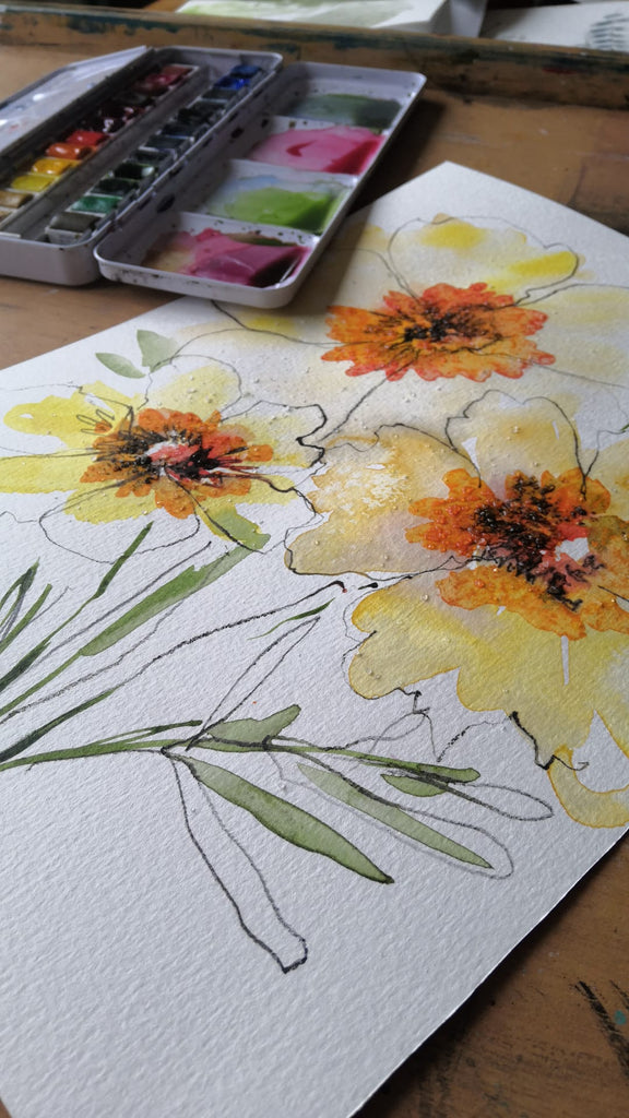 Recorded and ready to watch expressive, watercolour florals (set of 4 Loose floral with washes, Freestyle foliage with caran dache pencil, Pattern on pattern, wet on dry expressive floral and Bright floral composition)