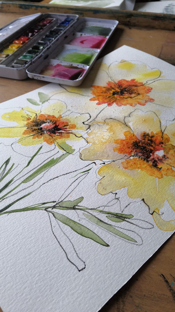 Recorded and ready to watch expressive, watercolour florals (set of 4 Loose floral with washes, Freestyle foliage with caran dache pencil, Pattern on pattern, wet on dry expressive floral and Bright floral composition)