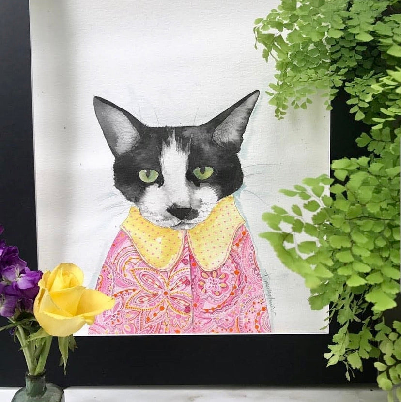 Pet portrait, black and white watercolour cat with coloured shirt