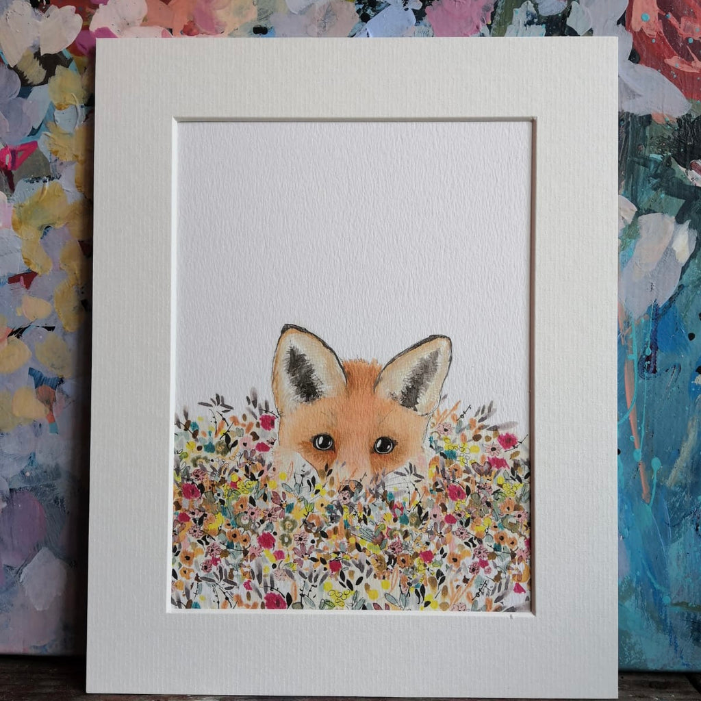 Animal art, Flower field, fox cub.