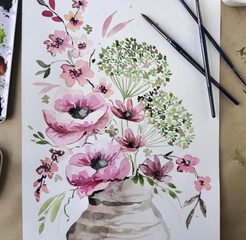 Recorded and ready to watch watercolour art classes (set of 5 pink poppies, cherry blossom, wild dill, wild cosmos and vase composition)