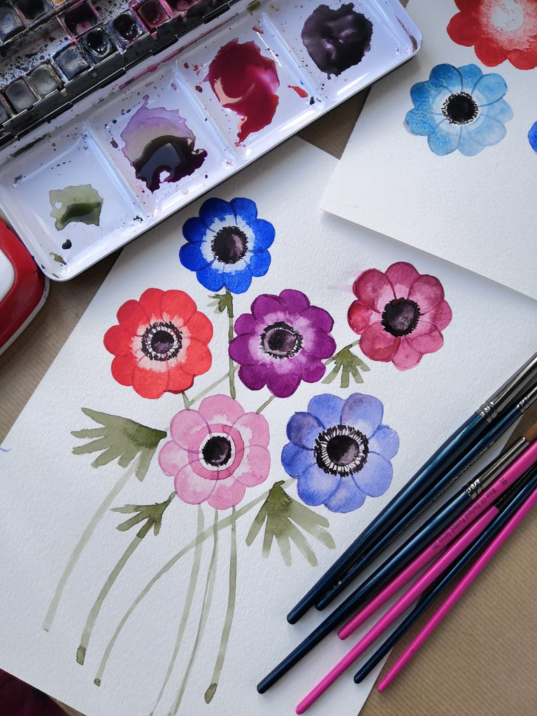 Ready to watch, recorded Spring flowers art tutorials series 2, 5 watercolour floral tutorials (anemones, grape hyacinth, mimosa, pansy and vase composition)