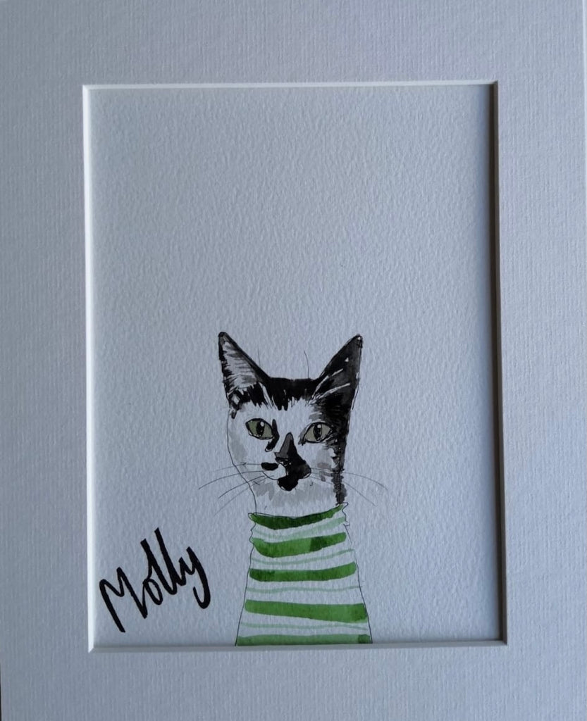 Pet portraits, small black and white, sketchy cat with coloured scarf or tops