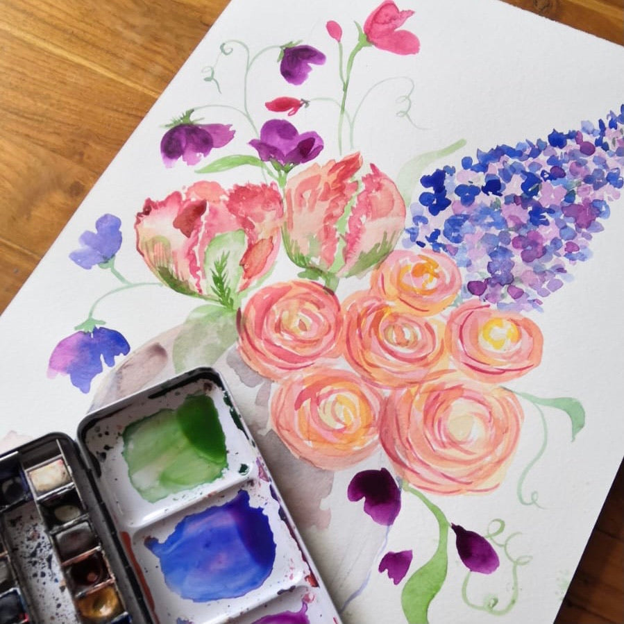 Recorded and ready to watch watercolour art classes (set of 5 ranunculus, tulips, lilac, sweet pea and vase composition)