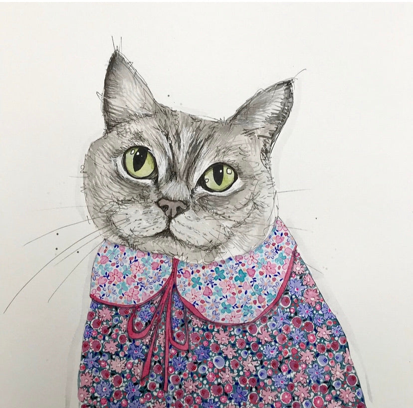 Pet portrait, black and white watercolour cat with coloured shirt