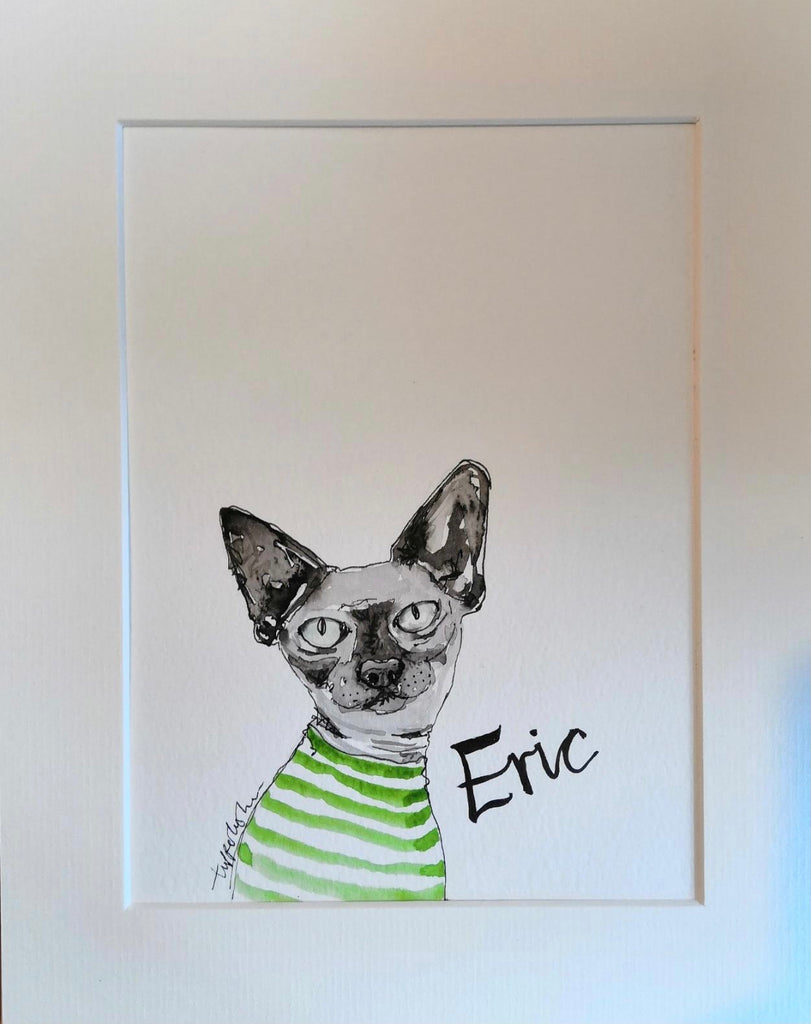Pet portraits, small black and white, sketchy cat with coloured scarf or tops
