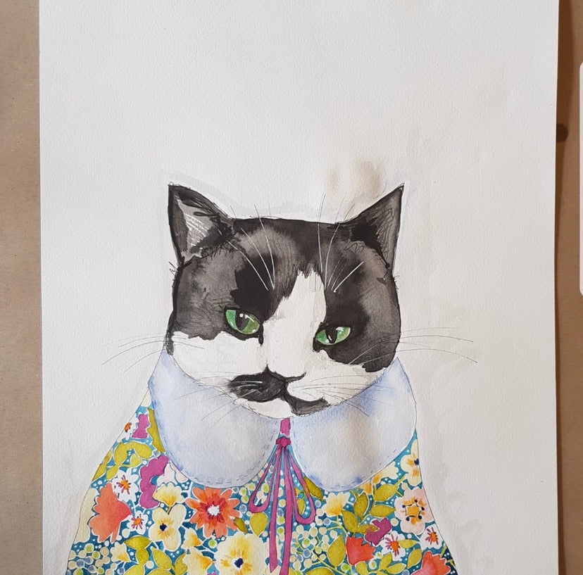 Pet portrait, black and white watercolour cat with coloured shirt