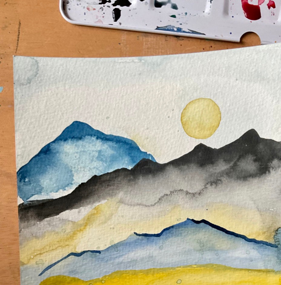 Recorded and ready to watch dreamy, watercolour landscapes (set of 4 Monochrome wood, Tropical sunset, Green fields and Blue mountains)